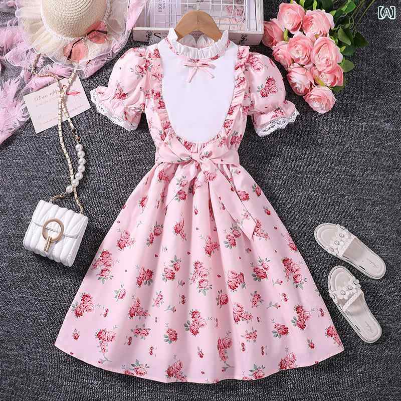 女児 ワンピース キッズ 女の子 春夏 ピンク かわいい 印花 花柄 短袖 プリンセス スカート Aライン 綿混紡 ポリエステル 柔らか素材 軽量 通気性 伸縮性 普段使い 洋服 ドレス トップス 夏服
