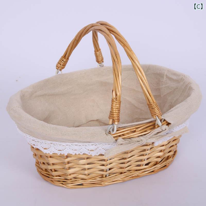 柳編 収納 かご 手提げ バスケット ピクニック 果物 野菜 収納ボックス 書籍 文具 化粧品 衣類 大容量 自然素材 現代 シンプル 麻布 デイジー柄 チェック柄 ブラウン 本色 田園 スタイル 32cm 38cm 軽量 耐久性 [3]