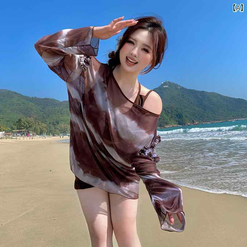 ・性別: 女性・対象年齢: 成人・柄: マリン・仕様: 胸パッドあり、ワイヤーなし・素材: ナイロン 82%・着用シーン: スイミング、水遊び・カラー展開: ダークブラウン、ライトブラウン・サイズ展開: XL、2XL、3XL、4XL、5XL、6XL・袖丈: 長袖・スタイル: ビスチェ・ショーツセット