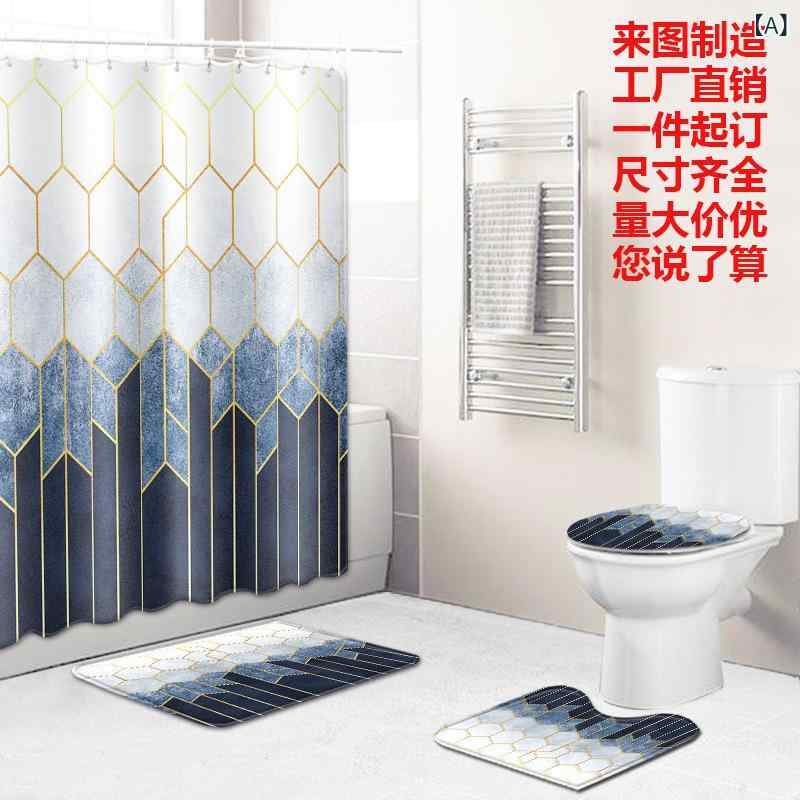 Mat, Cover Set - 浴室セット 大理石柄 防水浴帘 吸水 地垫 馬桶カバー 加厚 地毯 ポリエステル 軽量 防滑 抗菌 通気性 速乾 シンプル モダン バスルーム用品 トイレマット シャワーカーテン