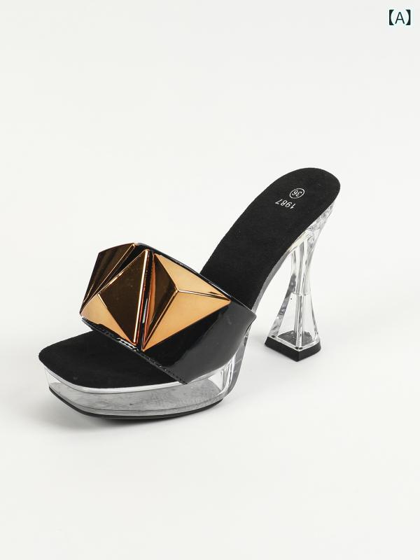 Pumps - サンダル 女性用 ヒール 12cm セクシー ファッション 透明 夜店 厚底 水晶 スクエアトゥ 金属バックル ブラック ピンク シルバー 韓版 方頭 ワンストラップ ゴム底 PU内張り