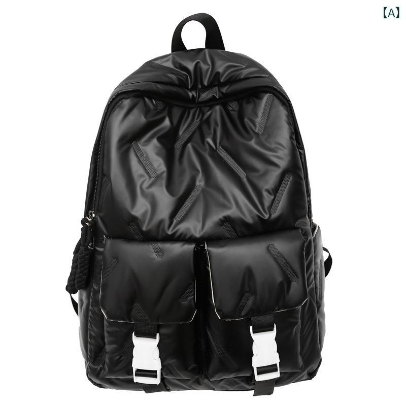 Tote Bag - バックパック 男女兼用 韓系 水洗レザー ソフト 防水 学生用 通学 普段使い 20L 8インチPC収納 黒 白 シルバー カーキ 紫 都市 シンプル 弧形肩帯 純色 秋冬
