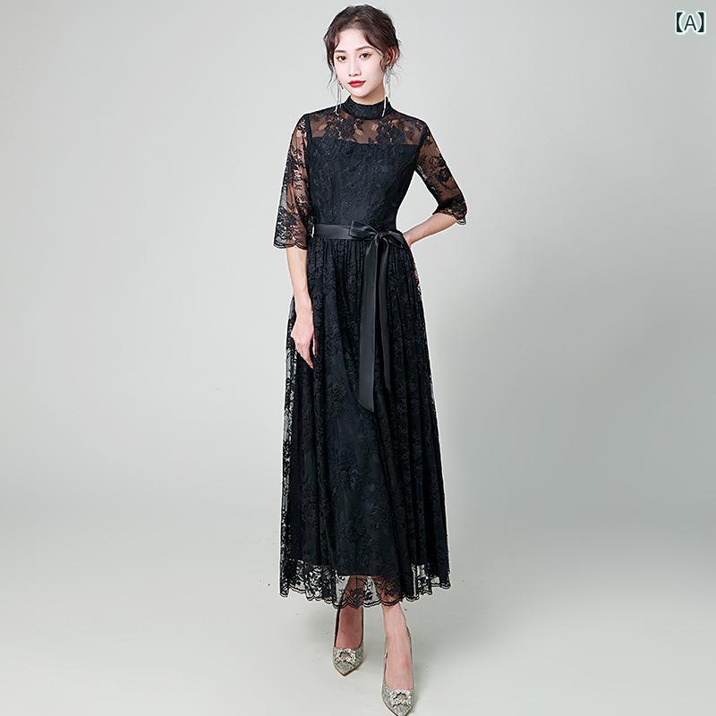 Other - ドレス 女性用 韓国風 シンプル 小柄対応 ロング丈 抹胸 Aライン 長袖 中腰 黒 気質 優雅 秋冬 ポリエステル 速乾 伸縮性 通勤 パーティー 普段使い イブニングドレス フォーマル トップス