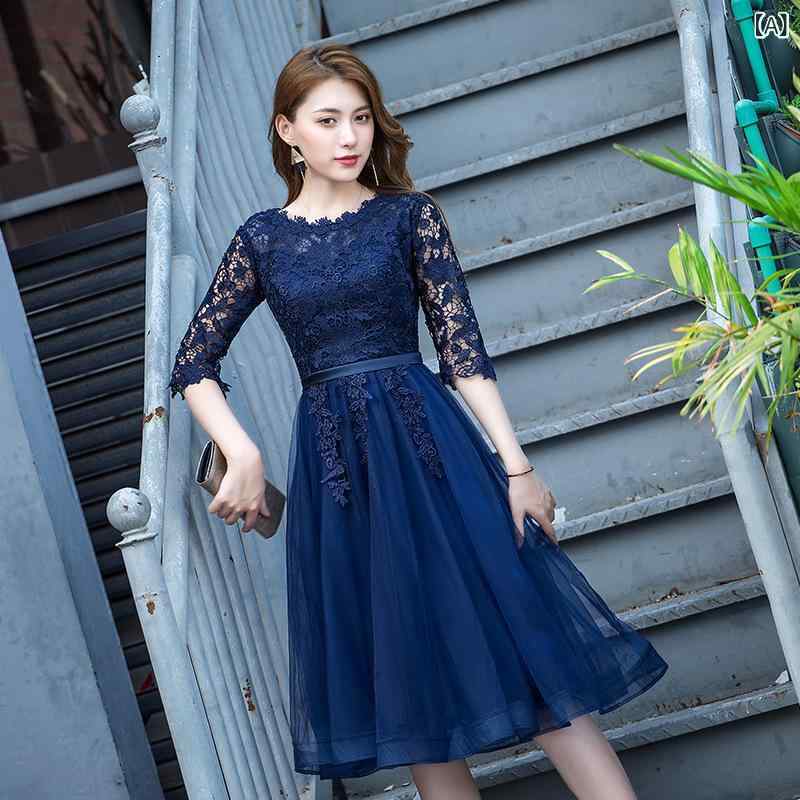 乐天商城 - イブニングドレス 女性用 冬 宴会 パーティー ロングドレス スリム Aライン ハイウエスト 中腰 三分袖 ナイトブルー ポリエステル 気品 エレガント フォーマル 結婚式 ゲストドレス ロングスカート スタイルアップ 成人女性 ゆったりシルエット