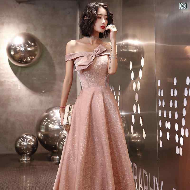 Nightwear - ロングドレス 女性用 ピンク イブニングドレス 伴娘ドレス 訂婚パーティー フォーマルドレス 普段使い 修身シルエット ロング丈 プリンセスライン ポリエステル 無袖 ワンショルダー 中腰 绑帯 気質 エレガント 接触冷感 伸縮性 通勤 デート 秋冬