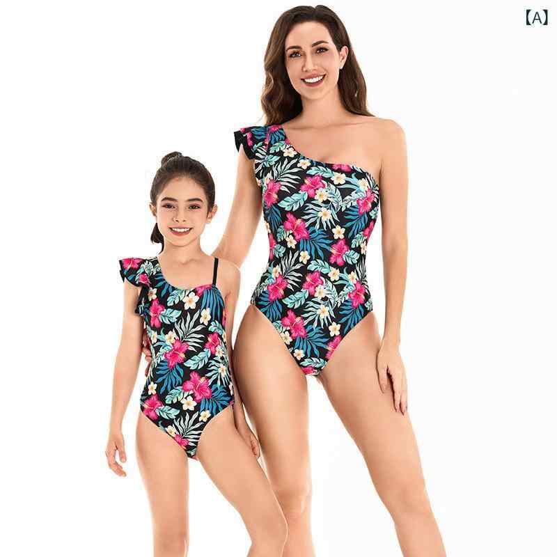 水着 レディース 女の子 親子ペアルック ワンピース ワンショルダー ビキニ フリル 花柄 リンクコーデ ママ キッズ スイムウェア 家族 お揃い 海 プール ビーチ