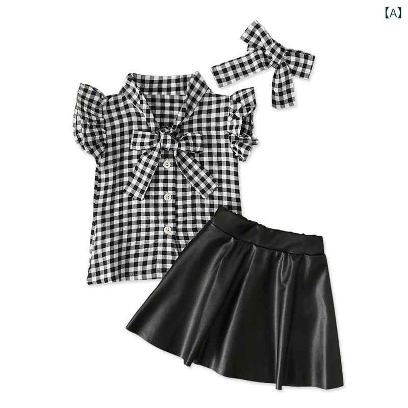 Dresses - 女児 トップス スカート 蝶結び 3点セット 夏 無袖 格子柄 綿 黒 かわいい 普段使い 伸縮性 軽量 ベビー キッズ 女の子 春夏 トップス スカートセット 子供服
