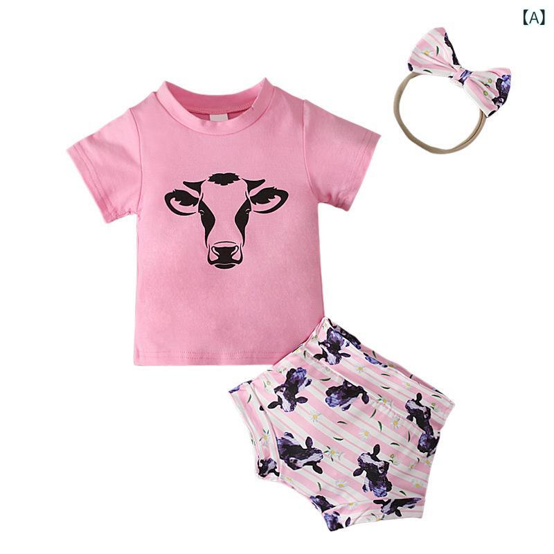 女の子 子供 キッズ 女児 夏 春夏 短袖 Tシャツ トップス ピンク かわいい 卡通 牛柄 プリント 半袖 上衣 綿 コットン 吸湿速乾 短パン ショートパンツ セット 3点セット 蝶結び かわいい ファッション セットアップ 幼児服 通気性 肌触り良