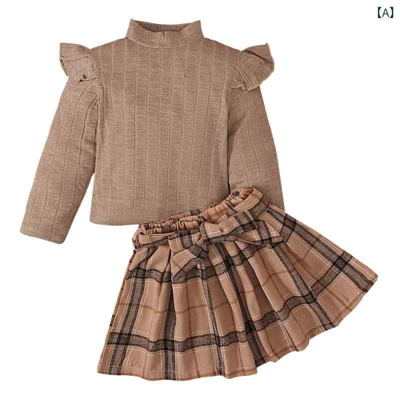 樂天商城 - 女児 キッズ ベビー 女の子 春秋 春秋 長袖 綿 トップス 純色 丸首 上衣 格子柄 プリーツスカート プリーツ ミニスカート セット ツーピース 幼児服 1-5歳 普段使い 通学 伸縮性 普通厚