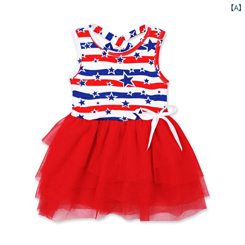 Dresses - 女の子 ワンピース 子供 女児 夏 吊り下げ 背心 無袖 蓬蓬 A字 スカート スカパン プリンセス 綿 コットン ストライプ 星柄 赤 赤色 かわいい 通気性 軽量 普段使い 遊び着 赤ちゃん ベビー 1-5歳 80-120cm