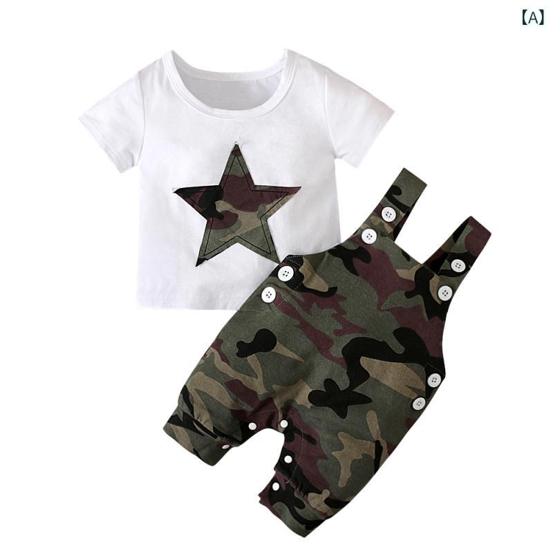 樂天商城 - キッズ 男の子 春夏 綿 短袖 星柄 Tシャツ トップス 迷彩 背広 長ズボン セット 2点組 1〜3歳 ベビー 幼児 普段使い 伸縮性 通気性 かわいい プリント