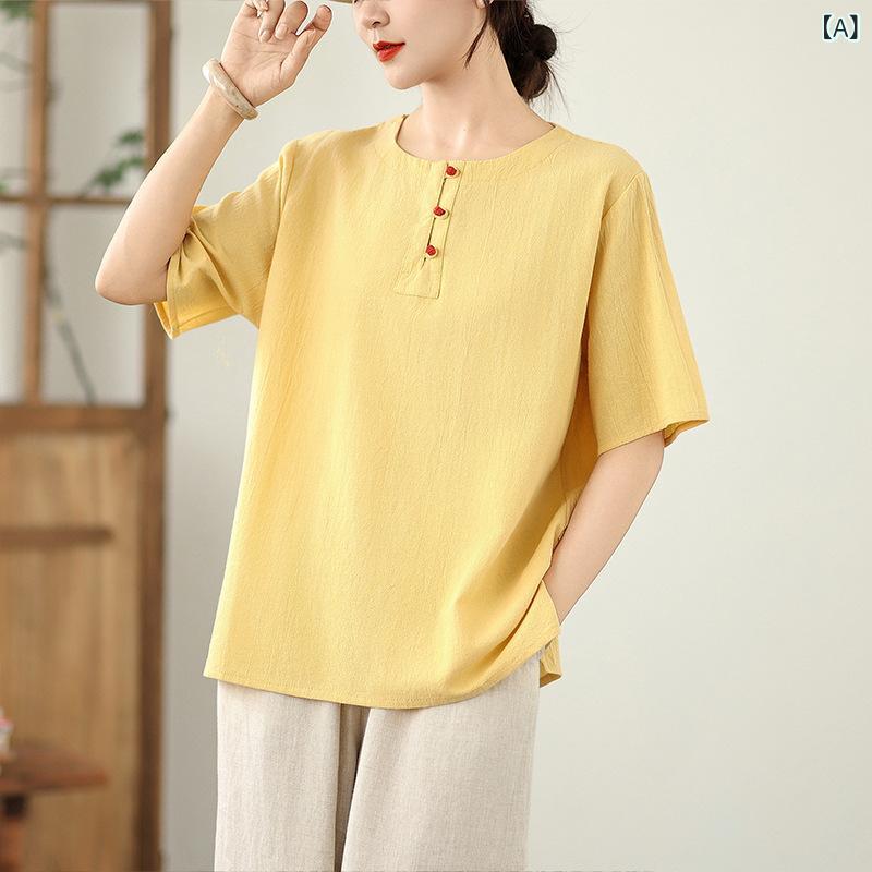 樂天商城 - Tシャツ 女性用 麻 接触冷感 薄手 短袖 ルーズフィット 丸首 盤ボタン 中国風 茶服 かわいい 春夏 普段使い 軽量 通勤 淡黄 ホワイト ベージュ 綿麻素材 吸湿速乾 復古風