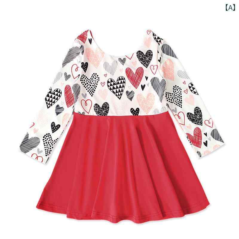 Rakuten - 女児 ワンピース キッズ 女の子 赤 長袖 丸首 ハート プリント 綿 混紡 かわいい 印花 切り替え 春秋冬 通年 ベビー 幼児 トップス ロングドレス 柔らかい 伸縮性 普段使い 部屋着