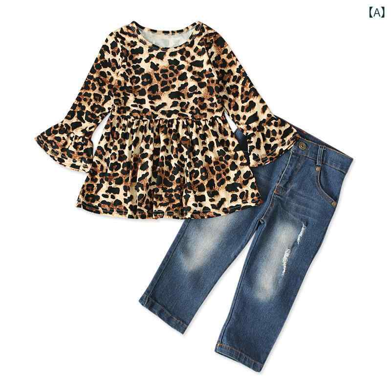 樂天商城 - キッズ 女の子 春秋 トップス 長袖 ヒョウ柄 喇叭袖 シャツ 綿 デニム ロングパンツ セット 欧米風 かわいい 伸縮性 普通厚 長ズボン 90-130cm 普段使い カジュアル 切り替え 実用 快適 コットン混 子供服 女児 豹柄上衣 牛仔裤 春秋季
