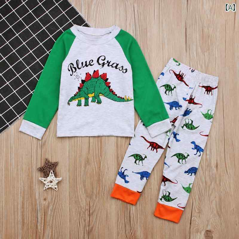 樂天商城 - キッズ 男の子 長袖Tシャツ 長ズボン 2点セット 部屋着 綿素材 動物柄 恐龍プリント 字母デザイン グレー 秋冬 伸縮性 柔らかい 普段使い