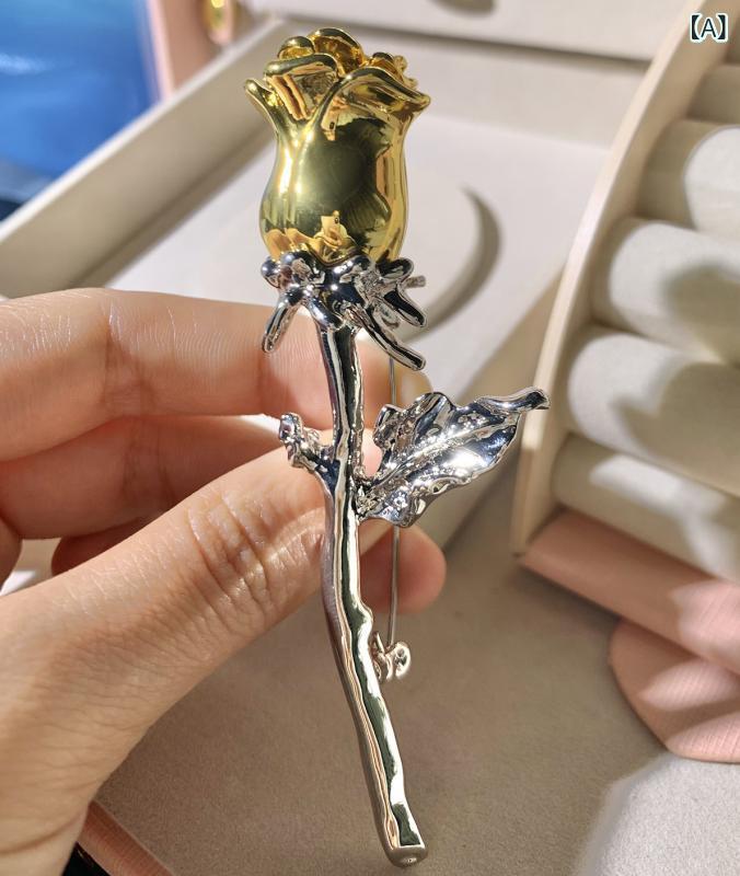 ブローチ 女性用 バラ花 ビッグフラワー 復古風 個性デザイン 女王風 電気メッキ加工 ツートンカラー ゴールド 植物モチーフ 花柄 ファッション コーディネート 装飾品 通勤スタイル 華やか 高級感 トレンド