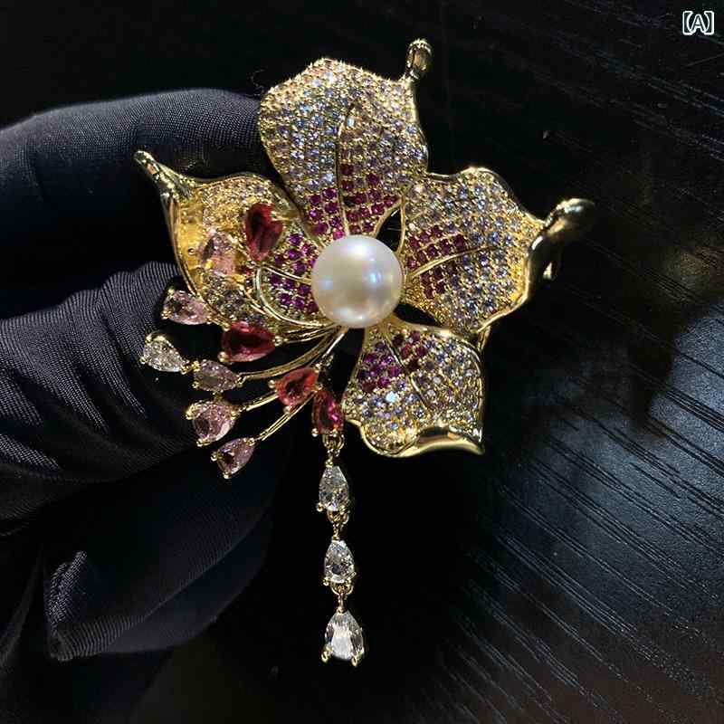 ブローチ 女性用 花 牡丹 珍珠 瑪瑙 電気メッキ加工 華やか 華奢 軽奢 高級感 ファッション 服装 アクセサリー ピン 飾り 花卉 モダン 通勤 普段使い