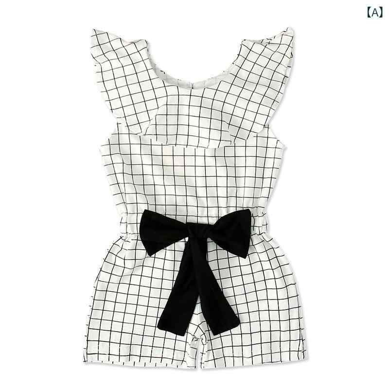 女児 ワンピース 無袖 夏 綿 格子 蝶結び ロンパース つなぎ トップス かわいい 短袖 セットイン ベビー服 子供服 普段使い 通気性 伸縮性 白色 春夏