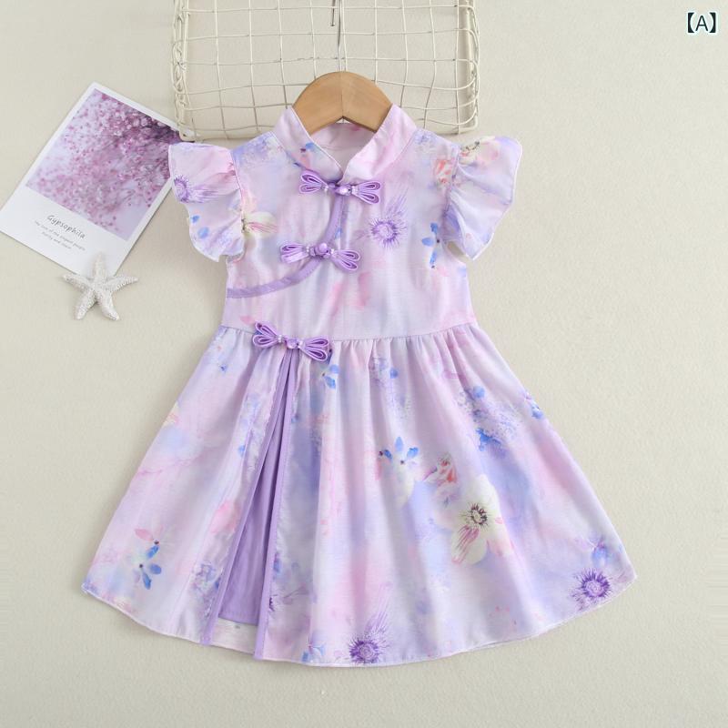 裙套装 - 女児用 ワンピース キッズ 春夏 接触冷感 再生繊維 綿混 プリント 花柄 卡通柄 チャイナドレス 風 プリンセススカート 切り替え ピタッと袖 紫 ピンク系 赤 かわいい 軽量 通気性 夏服 女の子 普段使い