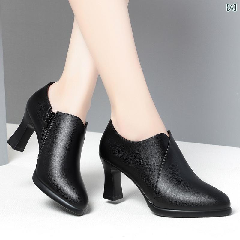 パンプス 女性用 尖頭 粗ヒール 高跟 6-8cm 浅口 中口 深口 単鞋 小皮鞋 側ジッパー PU革 超繊維 复合底 接触冷感 黒 茶色 春秋 春夏 秋冬 日常 普段使い 通勤 スカート コーデ 軽量 伸縮性 ママコーデ カジュアル