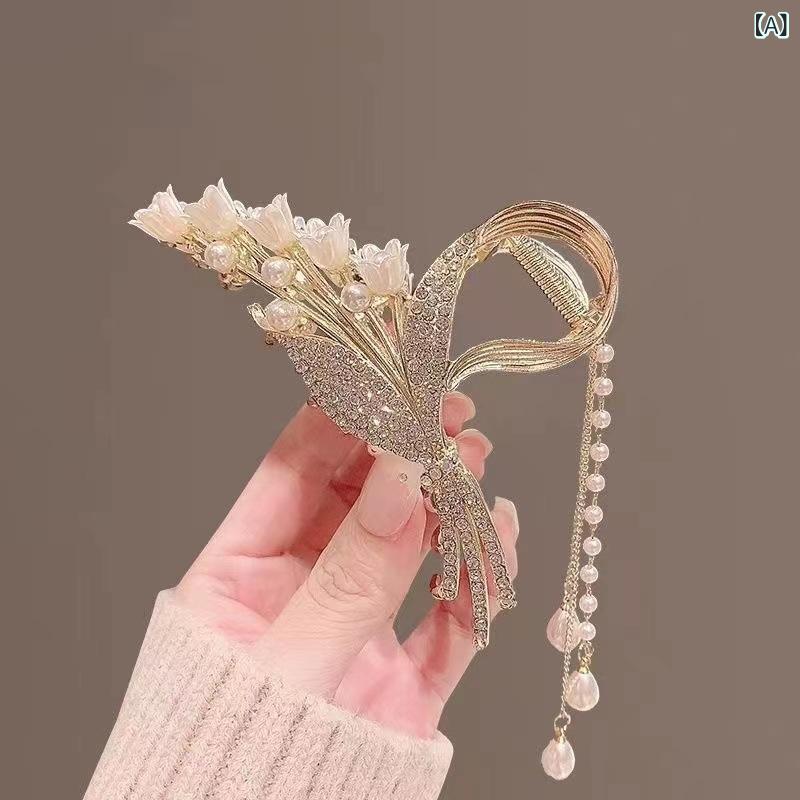 Other - ヘアクリップ 女性用 鈴蘭 花 フリンジ シャーククリップ 後頭部 アップスタイル 固定 ピン かわいい 田園風 清新 甘め 植物 花柄 春 接触冷感 軽量 伸縮性 再生繊維 電気メッキ加工 花朵 チューリップ ブラック ピンク系