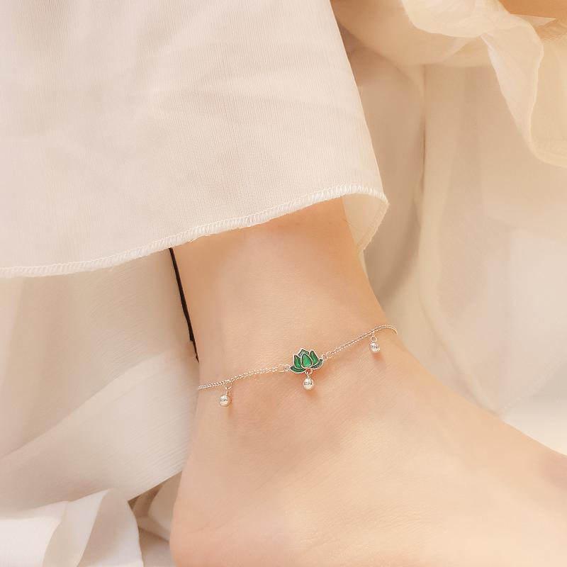 Anklets - 脚飾 アンクレット 女性用 925シルバー 莲の花 転運珠 復古 花卉 脚链 白金色 黄金色 夏 復古スタイル 清新 アクセサリー 普段使い 軽量 華奢 足元 おしゃれ