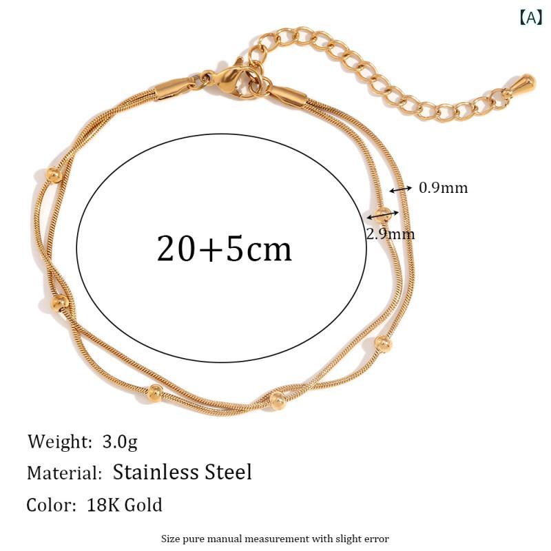 Other - 脚飾 女性用 脚チェーン シンプル デザイン 人気 ステンレス 18K金メッキ 気質 二重 ラウンドビーズ 蛇チェーン ゴールド 幾何学 夏 アクセサリー 足元 ジュエリー 華奢 レイヤード