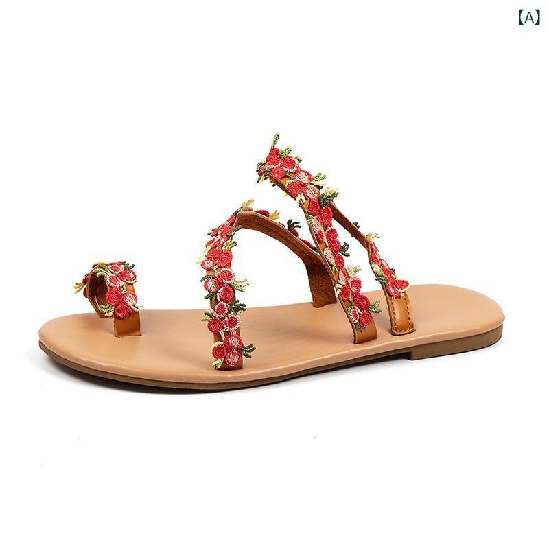 サンダル 女性用 ビッグサイズ ボヘミアン 平底 オープントゥ カラフル ビーチサンダル ローマスタイル 花柄 ローカット 糖果カラー 透気性 軽量 PU素材 ラバーソール 丸トゥ 足首ストラップ サイドカット 浅ブラウン
