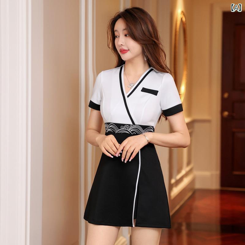 作業着 女性用 足浴店 洗脚城 ホテル前台 按摩店 制服 短袖 中袖 セットアップ 白 ピンク ポリエステル ポリエステル混 気質 優雅 春 伸縮性 通勤 普段使い S M L XL XXL XXXL