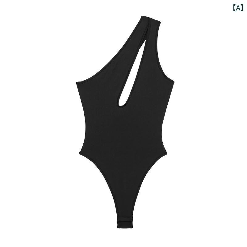 水着 レディース ワンピース セクシー 非対称デザイン 欧米風 無地 バックレス 体型カバー ストレッチ 伸縮性 ハイウエスト ブラック オールインワン ビーチウェア プール リゾート