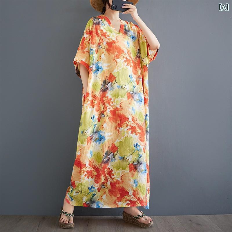 ワンピース レディース Vネック 連袖 花柄 ボヘミアン ゆったり ビッグシルエット 復古 夏 ビーチ 綿 人棉 接触冷感 橘色 大きいサイズ..