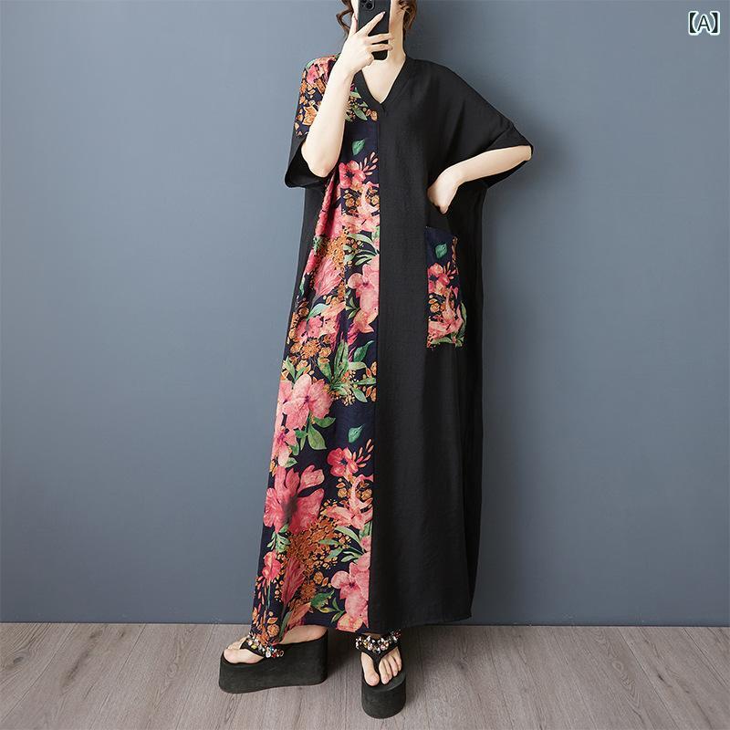 ワンピース レディース 夏 大きいサイズ 黒 Vネック 花柄 切り替え ロング丈 フレアスカート 綿 人棉 接触冷感 吸湿速乾 軽量 伸縮性 ヒップカバー スリム効果 かわいい 復古風 ヒョウ柄 ピンク系 赤花柄 ブラック 春夏 女性用 トップス ドレス