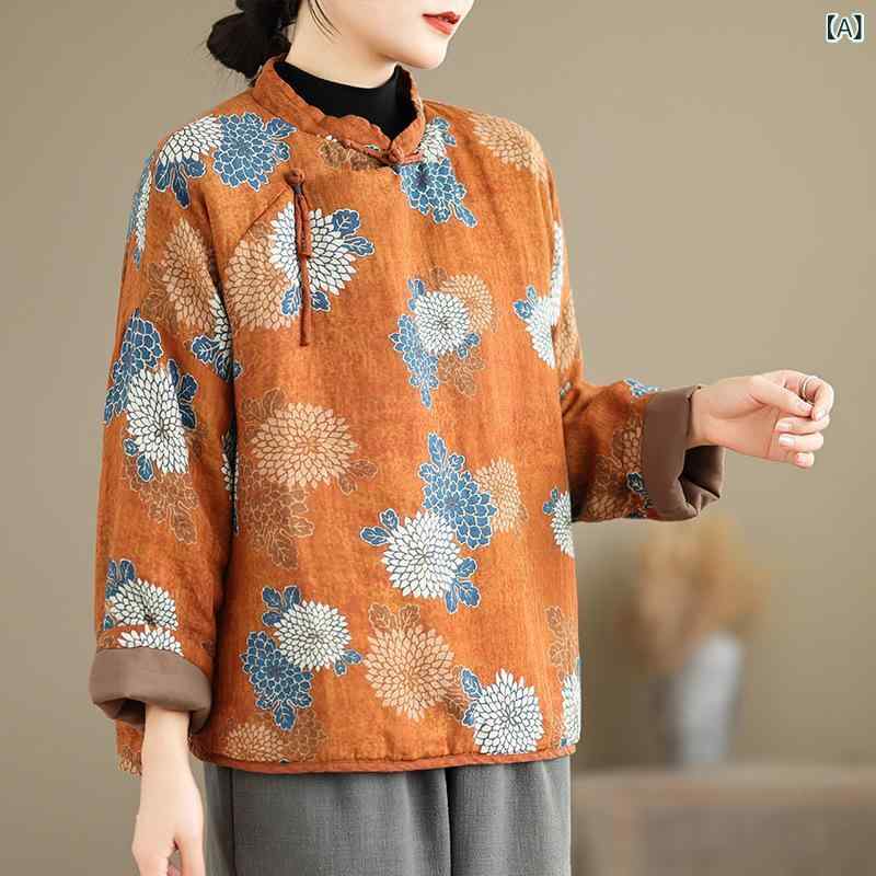 Three-Quarter Knit - コート レディース 復古 中華風 立領 盤ボタン 長袖 薄手 綿 ポリエステル 混紡 植物 花柄 プリント 花色 冬 秋冬 保暖 軽量 文艺 スタンドカラー シングルブレスト ミドル丈 女性用