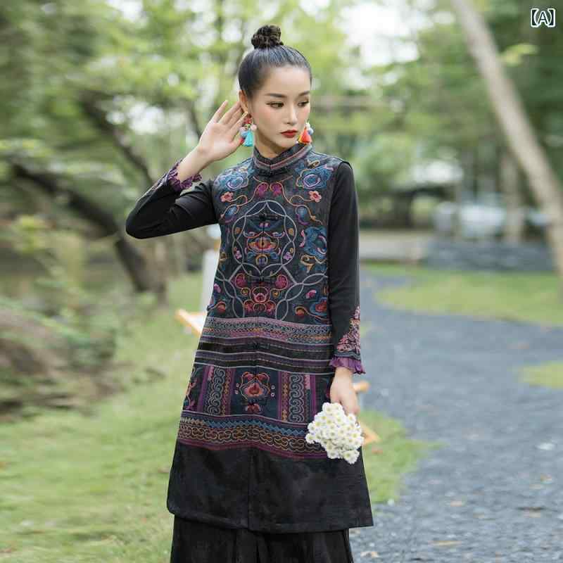 民族風 レディース 馬甲 無袖 馬夹 背心 外套 復古 綿麻 刺繍 盤扣 中長丈 立襟 直筒 立体装飾 織錦 麻 ブラック 文艺 民族 部落 切り替え 軽量 通勤 普段使い 秋冬