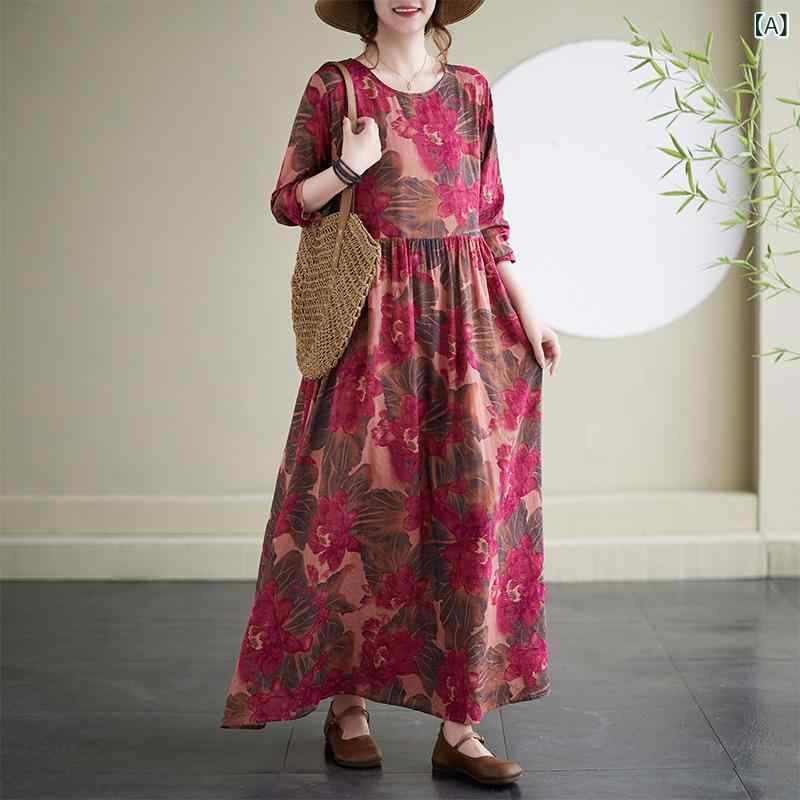 樂天商城 - ワンピース 女性用 秋 長袖 ロングワンピース フラワープリント ピンク系 バラ柄 植物柄 花柄 コットン麻混紡 ゆったりシルエット フレアスカート 丸首 復古風 観光リゾート 快適カジュアル ゆったり腰回り プリーツ 遮肉効果