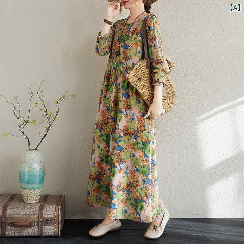 Rakuten - ワンピース レディース 春夏 花柄 ロングドレス Aライン スカート 丸首 長袖 ゆったり腰回り プリーツ 綿素材 植物柄 花色 復古 快適 ゆったりシルエット 遮肉 かわいい 普段使い リゾート 旅行 トップス ワンピースドレス ゆったりワンピース
