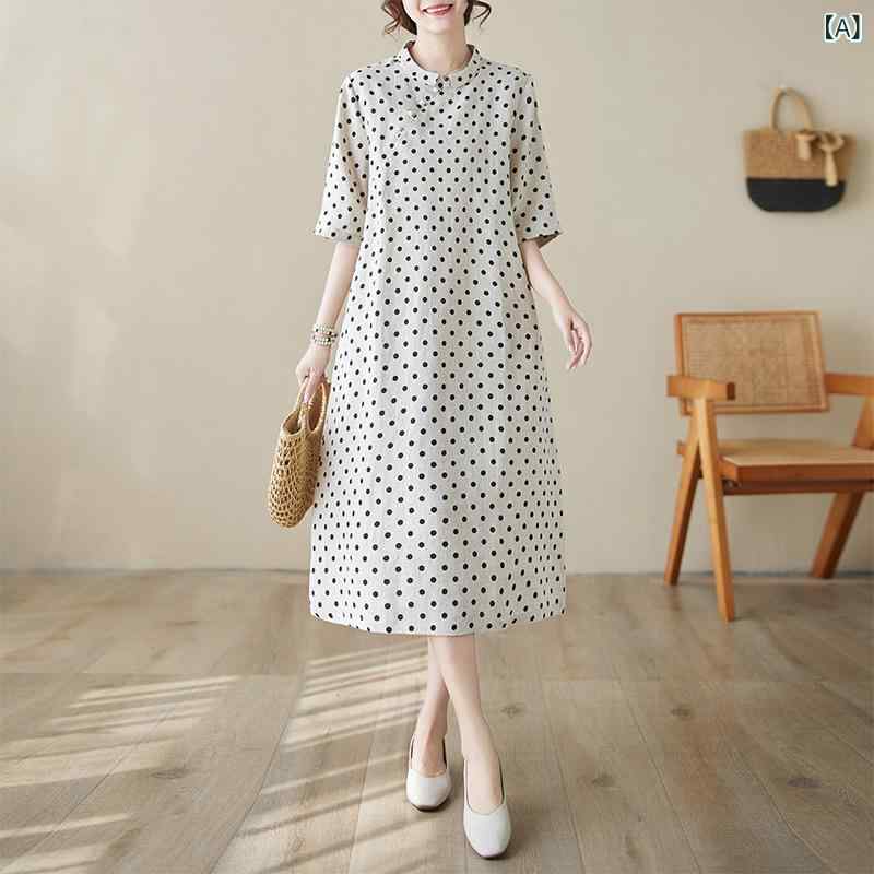ワンピース 女性用 夏 綿麻 接触冷感 かわいい ポルカドット ゆったり Aライン 中長丈 ロングドレス 丸首 短袖 ワイドシルエット ポケット付き 旅行 普段使い 通勤 快適 軽量 吸湿速乾 免烫 セットアップなし 単品 ゆったり腰回り セットインスリ