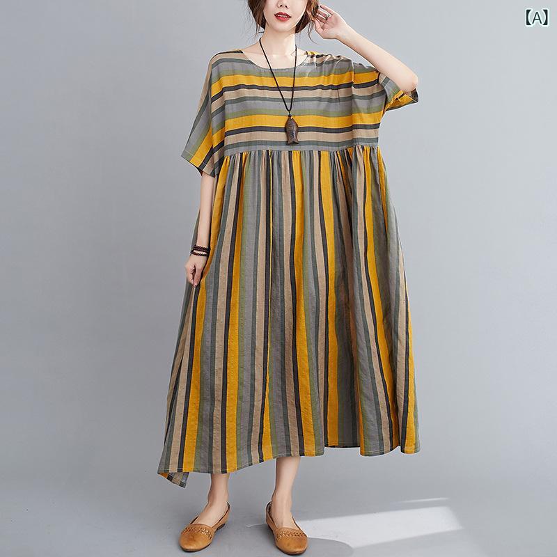 樂天商城 - ワンピース かわいい 女性用 春夏 黄色 卡其色 綿麻 接触冷感 丸首 短袖 ゆったり 膝丈 超大摆 フレア プリーツ ストライプ フラワー プリント 復古 ストリート フェミニン 日常使い 軽量 通勤 デイリー ストリームライン ボリュームシルエット