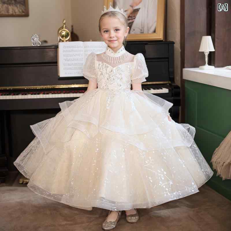 女児 プリンセスドレス 花嫁付属 子供 礼服 ドレス 女の子 トップス ワンピース 演奏会 ステージ衣装 子供用 礼装 ドレス ポリエステル 綿 裏地 香槟色 ホワイト 香槟 アイボリー 春夏 秋冬 フォーマル かわいい プリンセス デザイン 剪毛加工