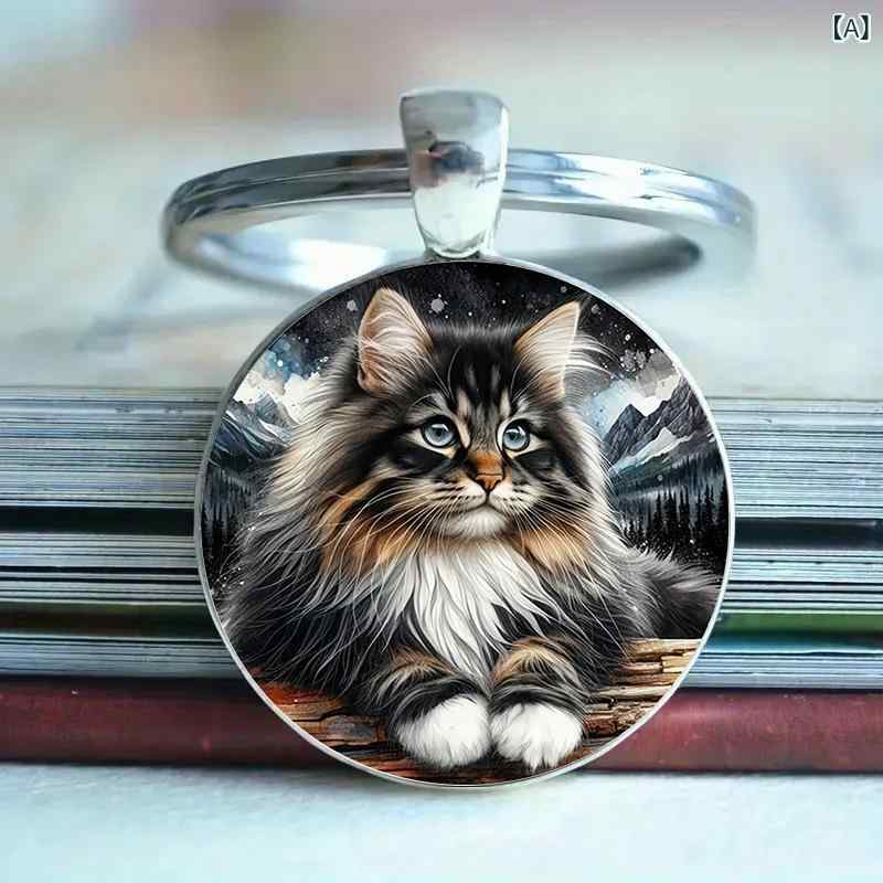 Other - キーホルダー かわいい 小猫 柄 タイムストーン 風 宝石 モチーフ シルバー 合金 軽量 普段使い 通勤 通学 ビジネスギフト 友達 プレゼント キーリング アクセサリー