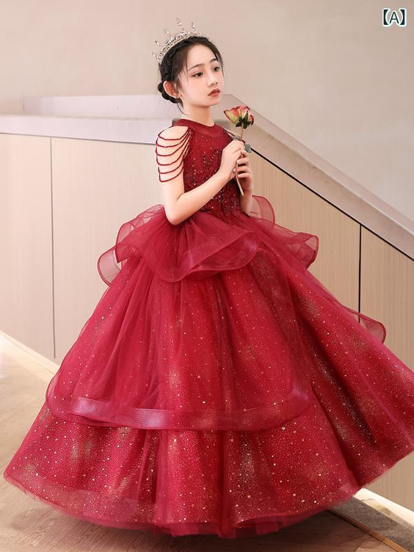 女の子 礼服ドレス スカート プリンセス 春 赤 ポリエステル混紡 剪毛加工 フリンジ 花柄 女児 パーティー 誕生日 発表会 110cm 120cm 130cm 140cm 150cm 160cm