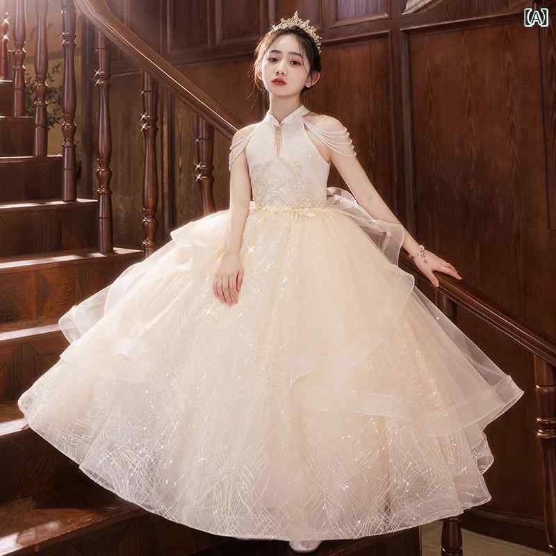 女児ドレス 女の子用 キッズ 礼服 結婚式 誕生日 パーティー かわいい プリンセス スカート チュール 香槟色 香槟カラー ポリエステル ポリエステル繊維 プリーツ加工 コート加工 剪毛加工 酵素洗い 春秋夏 秋冬 通年 軽量 伸縮性 B級安全 100