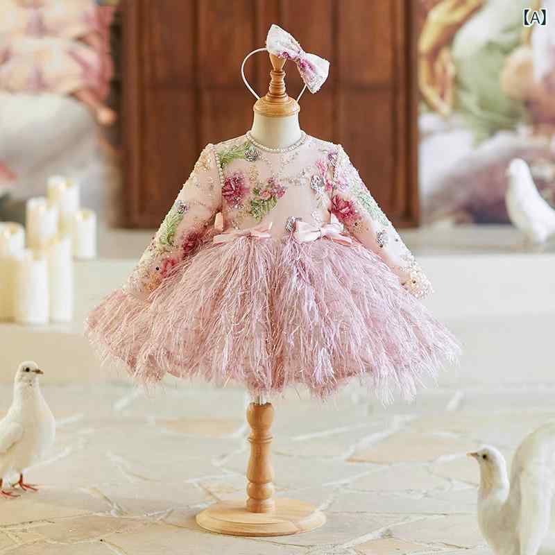 女の子 礼服 ドレス 女児 パーティー ドレス 長袖 ピンク かわいい プリンセス スカート チュチュ スカート 花嫁 子供 ウェディング プリンセス スタイル ポリエステル 加工 加工 褶皱 コーティング 剪毛 酵素洗 プリンセス 女の子 3 8歳 8