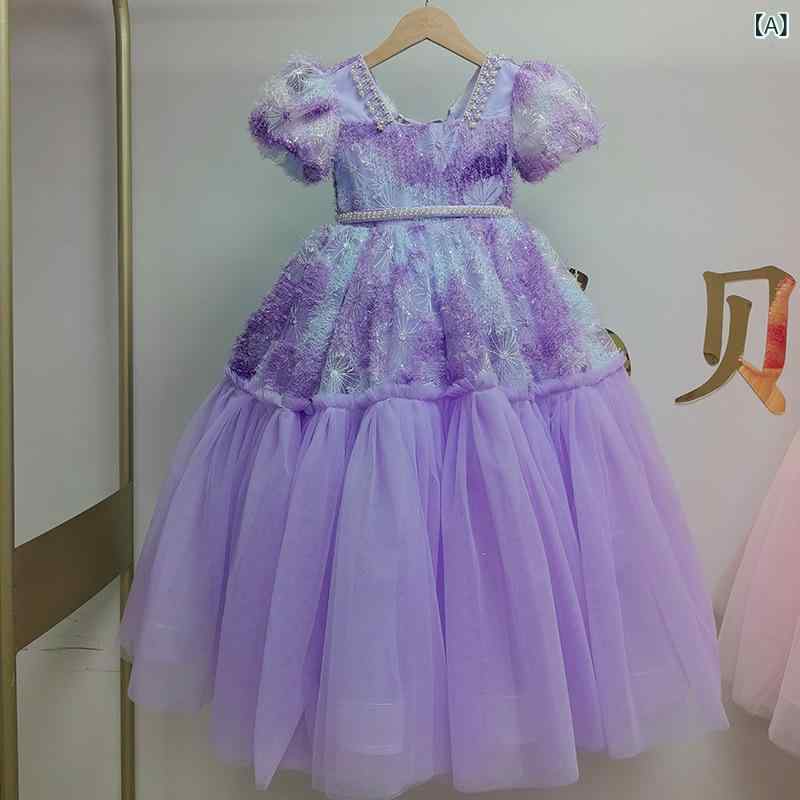 女児 礼服 プリンセス チュチュスカート 紫色 演奏会 パーティー ドレス 女の子 子供服 中小童 チュール レース フリル リボン 花柄 プリンセス風 化繊混紡 ポリエステル コート加工 プリーツ加工 春秋冬夏 通年 かわいい かわいい 香芋 ローズ