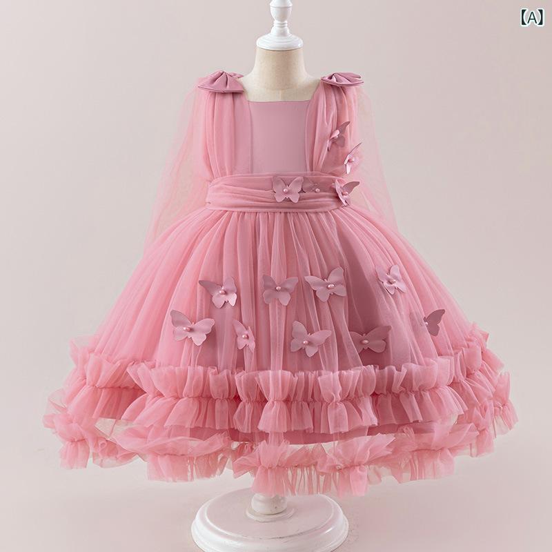 Rakuten - 女の子 ドレス 女児用 春夏 礼服 公主 スカート 連衣裙 ピンク 赤 網纱 チュール ポリエステル 混紡 軽量 涼しい 中小 3-8歳 100-140cm 欧米 スタイル 通学 冠婚葬祭 普段使い かわいい ふんわり シルエット