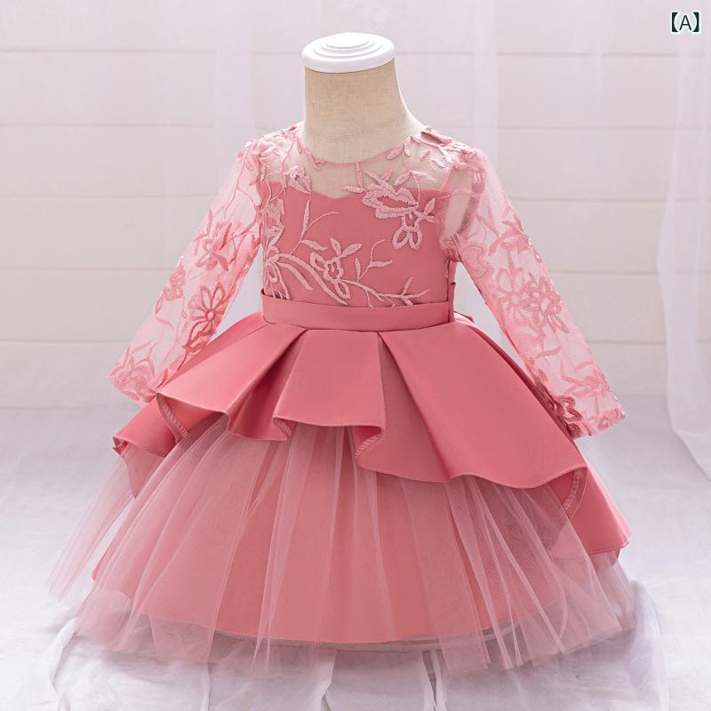 女の子 ドレス キッズ 女児 礼服 長袖 刺繍 花柄 プリンセス スカート 百褶 フレア 綿混紡 ポリエステル コットン かわいい 欧米風 豆沙粉 枣紅 通年 普段使い イベント 演出 春秋夏秋冬