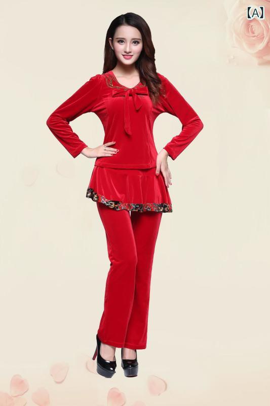 ・カテゴリ: ダンス服・柄: 小花柄・対象性別: 女性・主な素材: 桑蚕絲95%・裏地: 桑蚕絲95%・カラー展開: 大紅金領、玫紅金領、紫紅金領、黒・サイズ展開: M、L、XL、XXL、XXXL、XXXXL、XXXXXL・スタイル: スカートパンツセット