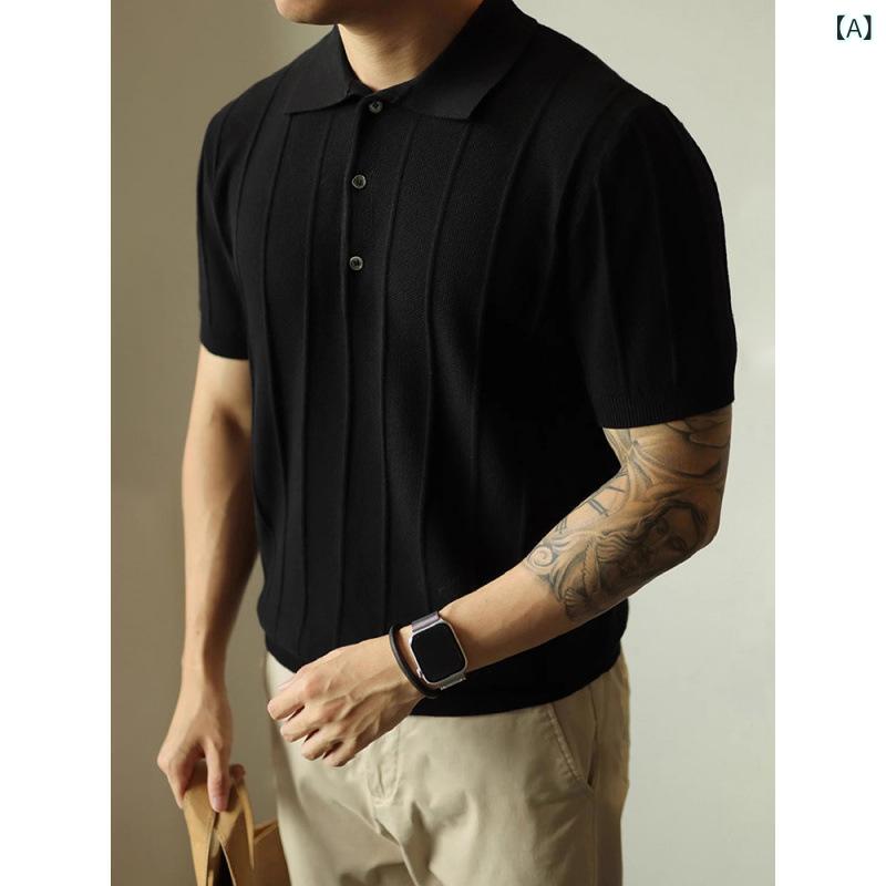 Rakuten - Poloシャツ メンズ 短袖 夏 復古 提花 ニット トップス ポロシャツ 馬球衫 純色 ブラック ホワイト グリーン 化学繊維混紡 ポリエステル 透気性 機洗い可 色牢度高 ゆったりシルエット 切り替え ジッパー飾り レジャー カジュアル 普段使い