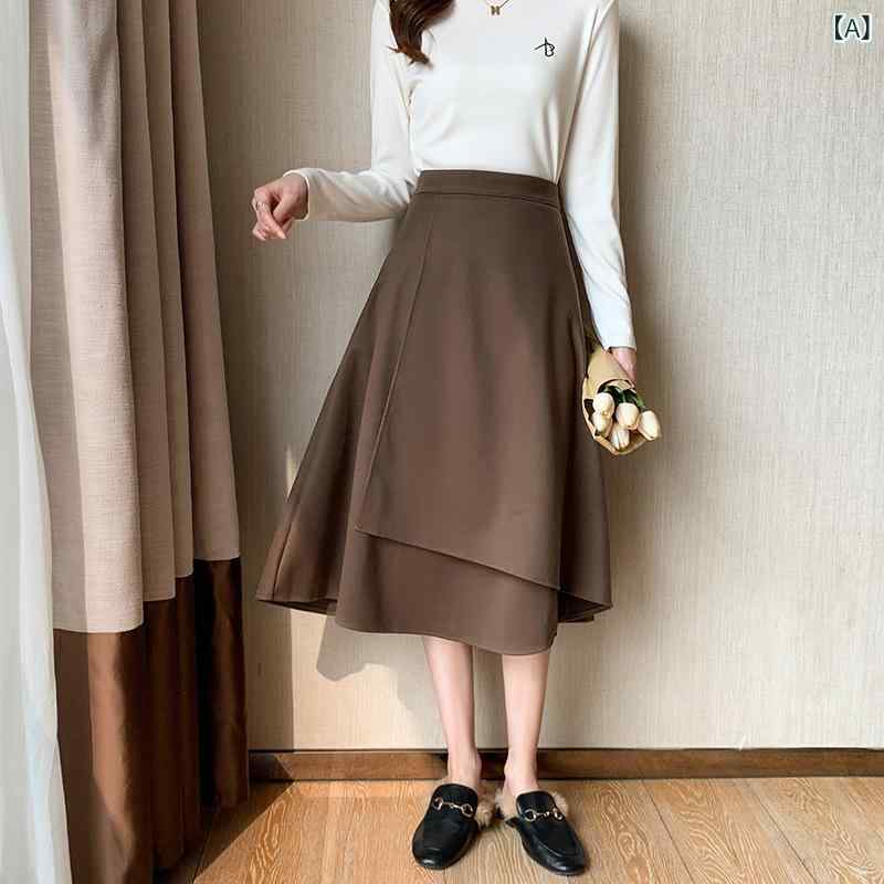 スカート 女性用 秋冬 長め Aライン プリーツ 半身スカート ミモレ丈スカート 日韓スタイル マイクロストレッチ ウール調 ポリエステル 無地 プレス加工 コーヒーブラウン ブラック カフェオレ 黒 ゆったりシルエット 普段使い ストレッチ素材 軽量(4.0)