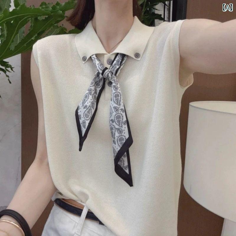 Long-Sleeved Knit - ノースリーブ キャミソール 女性用 ポロ襟 ボタン 薄手 接触冷感 再生繊維 セットイン シルクスカーフ 付き ゆったりシルエット かわいい 通勤 通年 吸湿速乾 伸縮性 セットアップ アイボリー グレー ネイビー ブラック ライトブルー ニット トップ